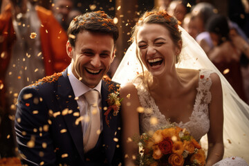 Obraz na płótnie Canvas Happy wedding photography of bride and groom at wedding ceremony