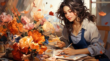 Colorful Woman Painting and drawing cartoon, Cartoon Graphic Design, Background HD For Designer