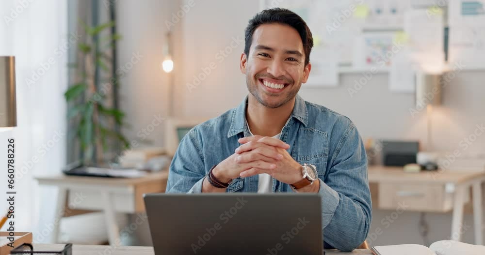 Poster face, employee and man with a laptop, smile and website information with a startup, internet or entr