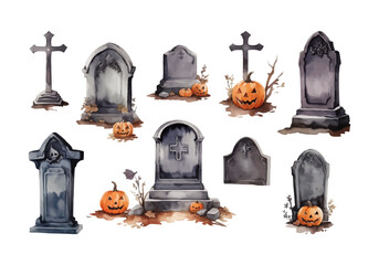 Watercolor spooky halloween graveyard, cemetery, tomb, burial ground, charnel, charnel house collection set elements design vector illustration - obrazy, fototapety, plakaty