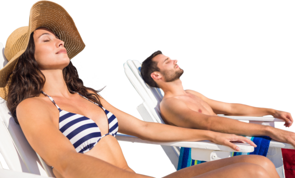 Digital png photo of relaxed caucasian couple sunbathing on transparent background - Powered by Adobe