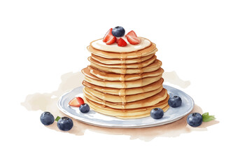 Watercolor pancakes with fresh berries, strawberry, and maple syrup. Element design isolated white background vector illustration