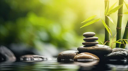 Gordijnen States of mind, meditation, feng shui, relaxation, nature, zen concept. Bamboo, rocks and water  © Ziyan Yang