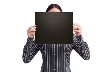 Digital png photo of caucasian businesswoman with black card, copy space on transparent background
