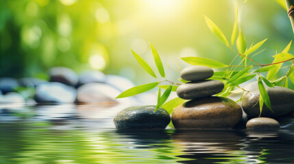 States of mind, meditation, feng shui, relaxation, nature, zen concept. Bamboo, rocks and water 