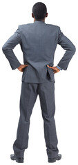 Digital png photo of biracial businessman with hands on waist on transparent background