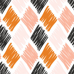 Hand drawn argyle sketch forming checks,seamless vector pattern with terracotta orange, black,pastel peach,white. Great for homedecor,fabric,wallpaper,giftwrap,stationery,packaging