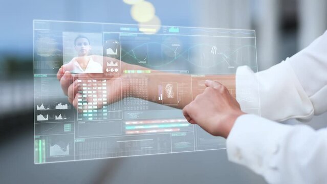 Microship implant in woman arm fingerprint activation shows digital passport and biometric data of person in 3D hud overlay