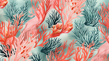 Tropical modern coastal pattern clash fabric coral reef border print for summer beach textile designs with a linen cotton effect. Seamless trendy underwater kelp and seaweed ribbon edge background  - obrazy, fototapety, plakaty