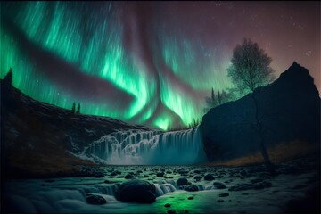 big flowing waterfall glowing many trees behind starry sky many aurora borealis green background super realistic hyper detailed dramatic lighting 8k 