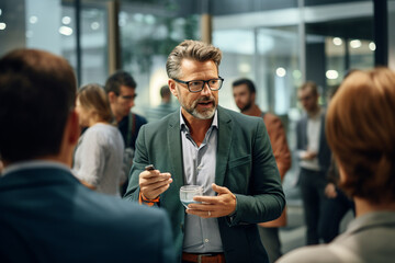 Business, lifestyle concept. Executive man speaking to group of people in office. Business man surrounded with colleagues employees listening speech. Generative AI