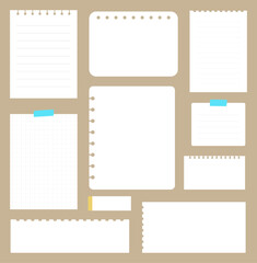 set of paper note and blank paper sticky notes isolated background.