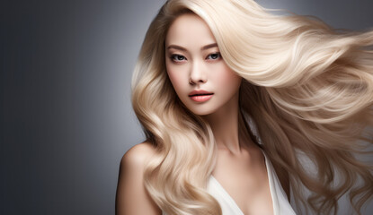 Naklejka premium Beautiful Asian woman with long hair on a solid background