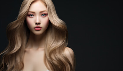 Fototapeta premium Beautiful Asian woman with long hair on a solid background