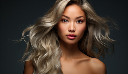 Fototapeta premium Beautiful Asian woman with long hair on a solid background