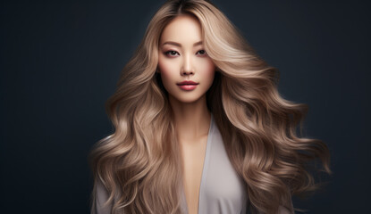 Fototapeta premium Beautiful Asian woman with long hair on a solid background