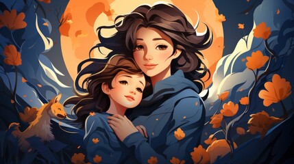 Colorful MOTHER is hugging her child cartoon, Cartoon Graphic Design, Background HD For Designer