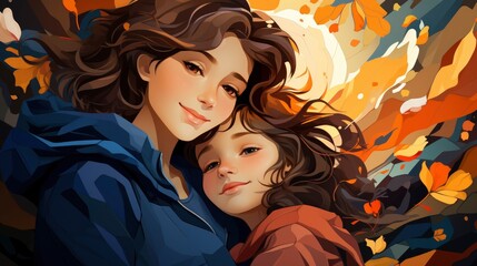 Colorful MOTHER is hugging her child cartoon, Cartoon Graphic Design, Background HD For Designer