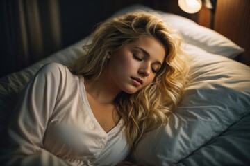 Fototapeta premium Young woman sleeping comfortably in the room,AI generated