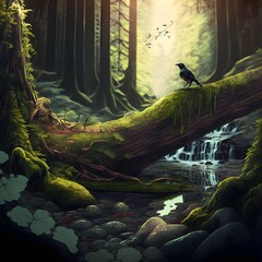 surreal tree filled forest log in middle of skinny dirt path small bird on log rocks with moss small dragonflies waterfall in the distance high octane ultra sharp 4k 8k 