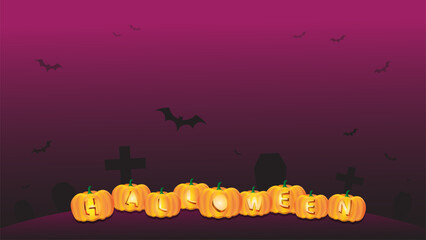 Halloween pumpkins night banner background, carving candles inside with bats, tombs, and empty space to put your text use for website or page.