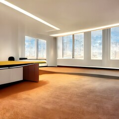 clean large modern office environment modern desks and chairs monitors on desks symmetrical colored downlights modern furniture creative office environment no people empty simple architecture light 