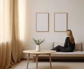 Fototapeta premium Woman looking at blank frame painting mockup