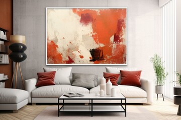 Abstract contemporary art print in red, orange, and white colors. Generative AI