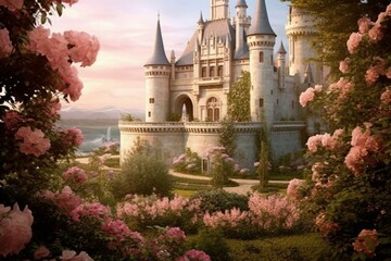 Enchanting castles, blooming rose gardens. Generative AI