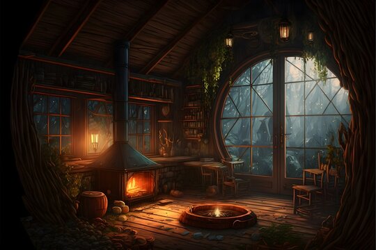 Secret Hideout cabin kitchen wood stove large copper pans and cast iron pots Fresh herbs and plants cozy place wooden walls skin traps on the floor and over chairs peaceful large round windows 