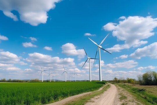 Scenic wind turbines under blue sky with clouds. Sustainable energy, countryside, green future. Renewable windmill farm. Generative AI