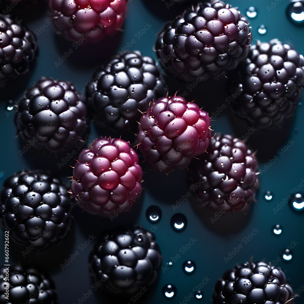 Poster blackberries on a dark background with water drops