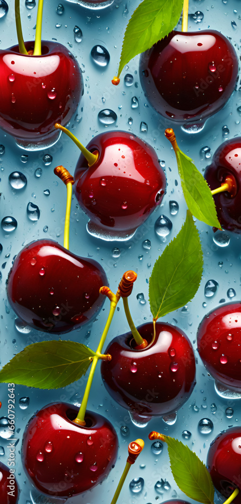 Wall mural cherry on blue background with splashes of water