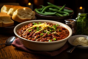 Hearty chili with cheese, beans, green onions, served with spoon, green beans, and napkin. Generative AI