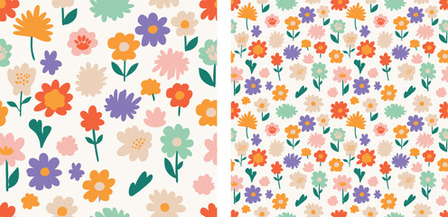 Wildflowers Floral Colorful Retro Fun Seamless Pattern Vector Illustration