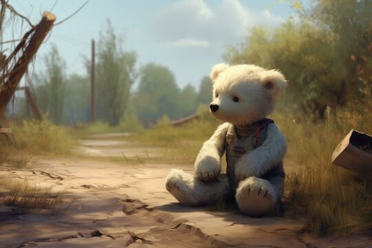 An adorable forlorn bear is seated on the ground. Generative AI