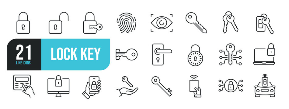 Set of line icons related to lock, key, padlock, security. Outline icons collection. Editable stroke. Vector illustration.