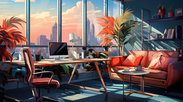 Colorful Modern office room cartoon , Cartoon Graphic Design, Background HD For Designer