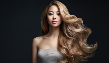 Beautiful Asian woman with long hair on a solid background.
