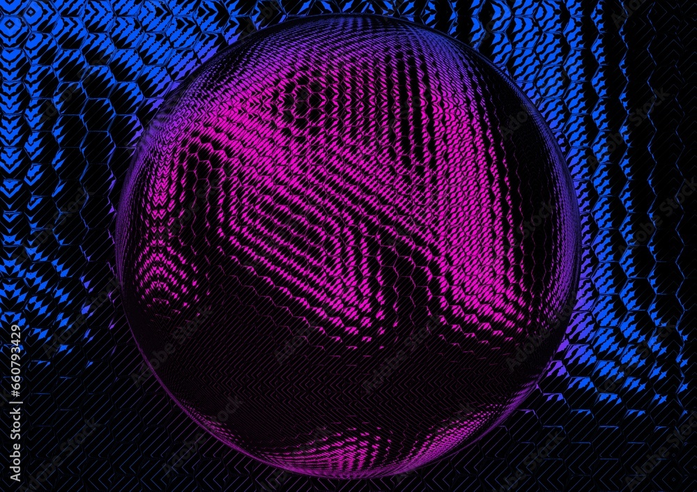 Poster purple and blue 3d spherical mosaic with many similar hexagonal tiles
