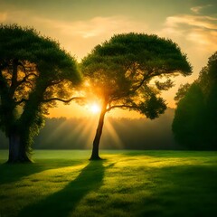 sunrise in the green garden with trees beautiful natural view