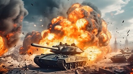 Group of main battle tanks with a city on fire Battlefield actions different military warships gun - obrazy, fototapety, plakaty