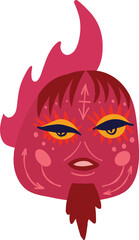 A funny red bird with a strange muzzle and an ethnic pattern. Illustration in a modern children's hand-drawn style