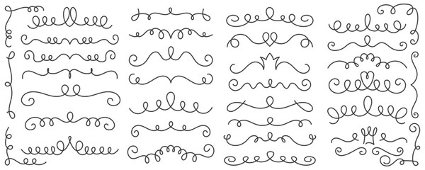 Underlines set with swishes swooshes and curly strokes. Swash hand drawn dividers. Squiggle calligraphy elements. Vector swirl doodle with hearts and crowns. - obrazy, fototapety, plakaty