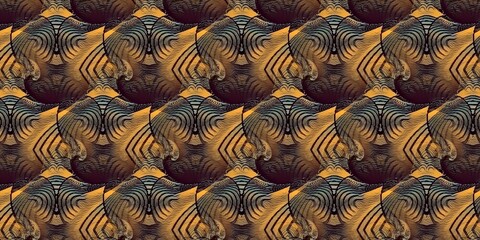 repeating pattern rusty copper bronze and dark textured grey metallic gold design on a dark brown background and art-deco style