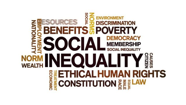 Social inequality animated tag word cloud;Human rights issues text design animation kinetic typography seamless loop.