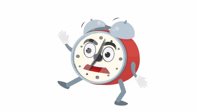Alarm clock is a cartoon character. Animation of a cartoon red alarm clock, alpha channel. Cartoon