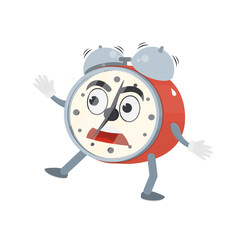 Alarm clock is a cartoon character. Call of a cartoon red alarm clock, vector illustration