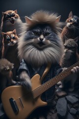 A cat dressed as a rock star playing a guitar while surrounded by a group of mouse groupies professional color grading soft shadows no contrast clear sharp focus national geographic photography 