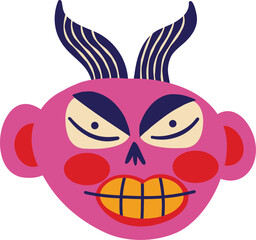 Vibrant bright Strange lovely Halloween Demon. Character with devil face. Cute bizarre comic characters in modern flat hand drawn style
